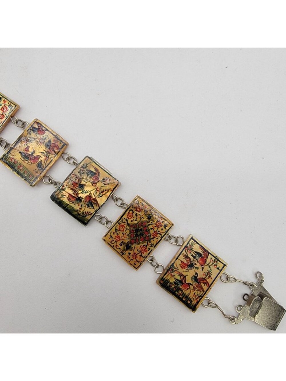 Vintage Hand-Painted Persian Storytelling Bracelet on Shell Panels Intricate - Picture 3 of 6